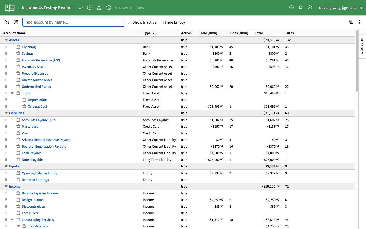 Chart of accounts view with many accounts, including obvious duplicates and one-off test accounts, sub-accounts misclassified as Bank type, and accounts with zero lines