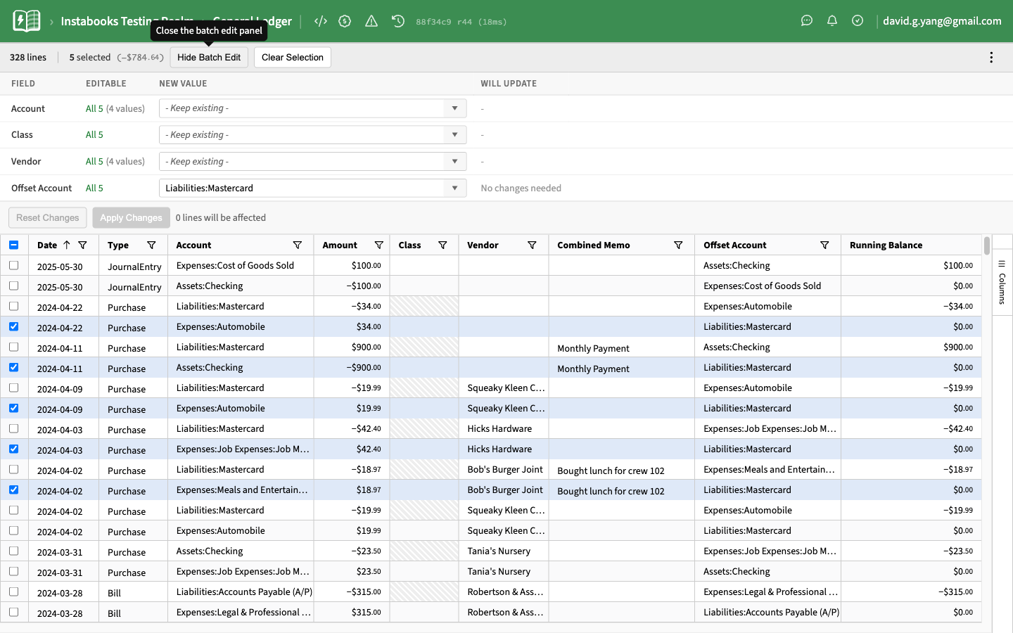 Batch Edit panel open above the ledger showing editable property rows for Account, Class, Vendor, and Offset Account with how many distinct values exist in the current selection