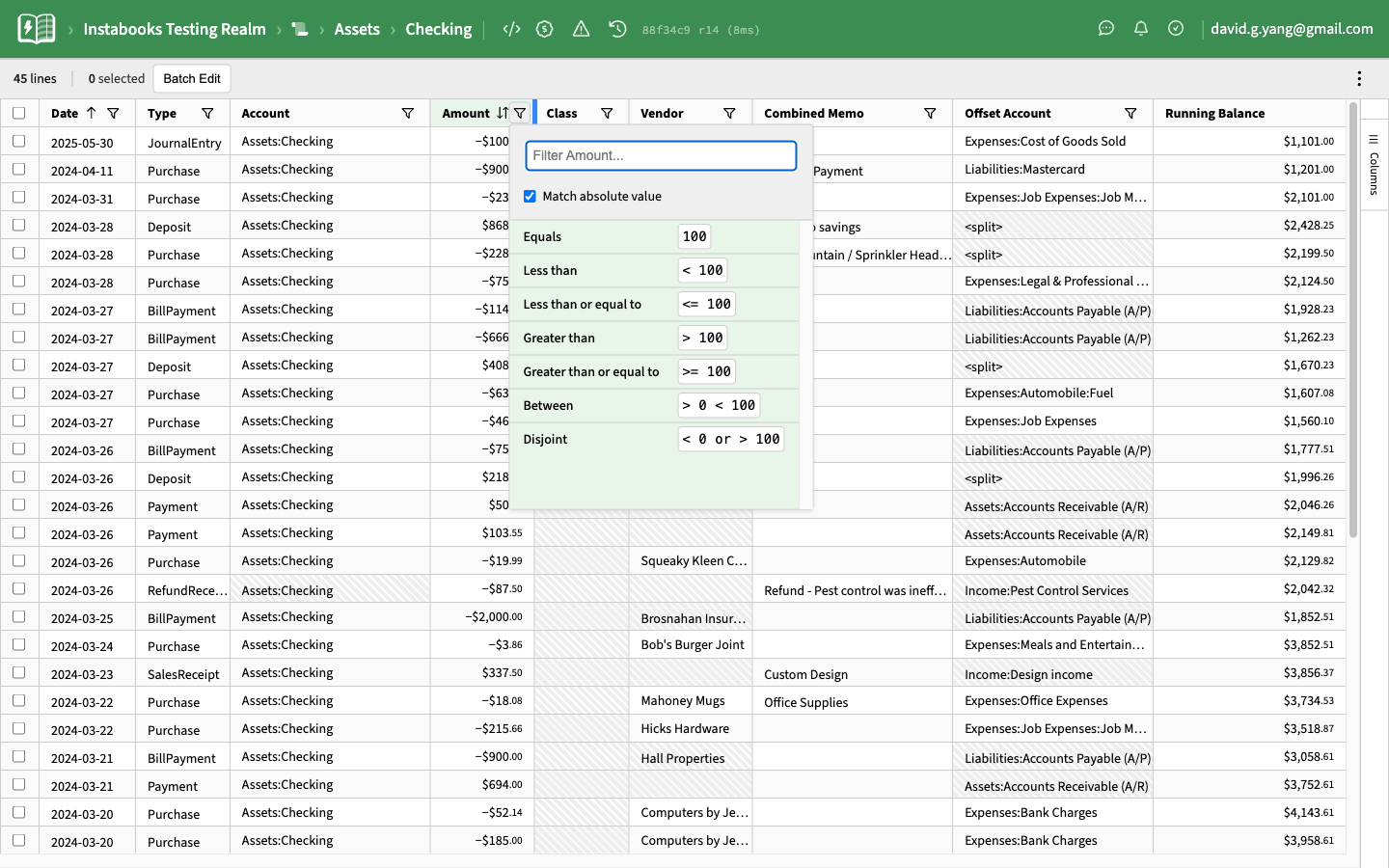 Column filter popover open over the Amount column, with numeric comparison operators and a Match attributes value list