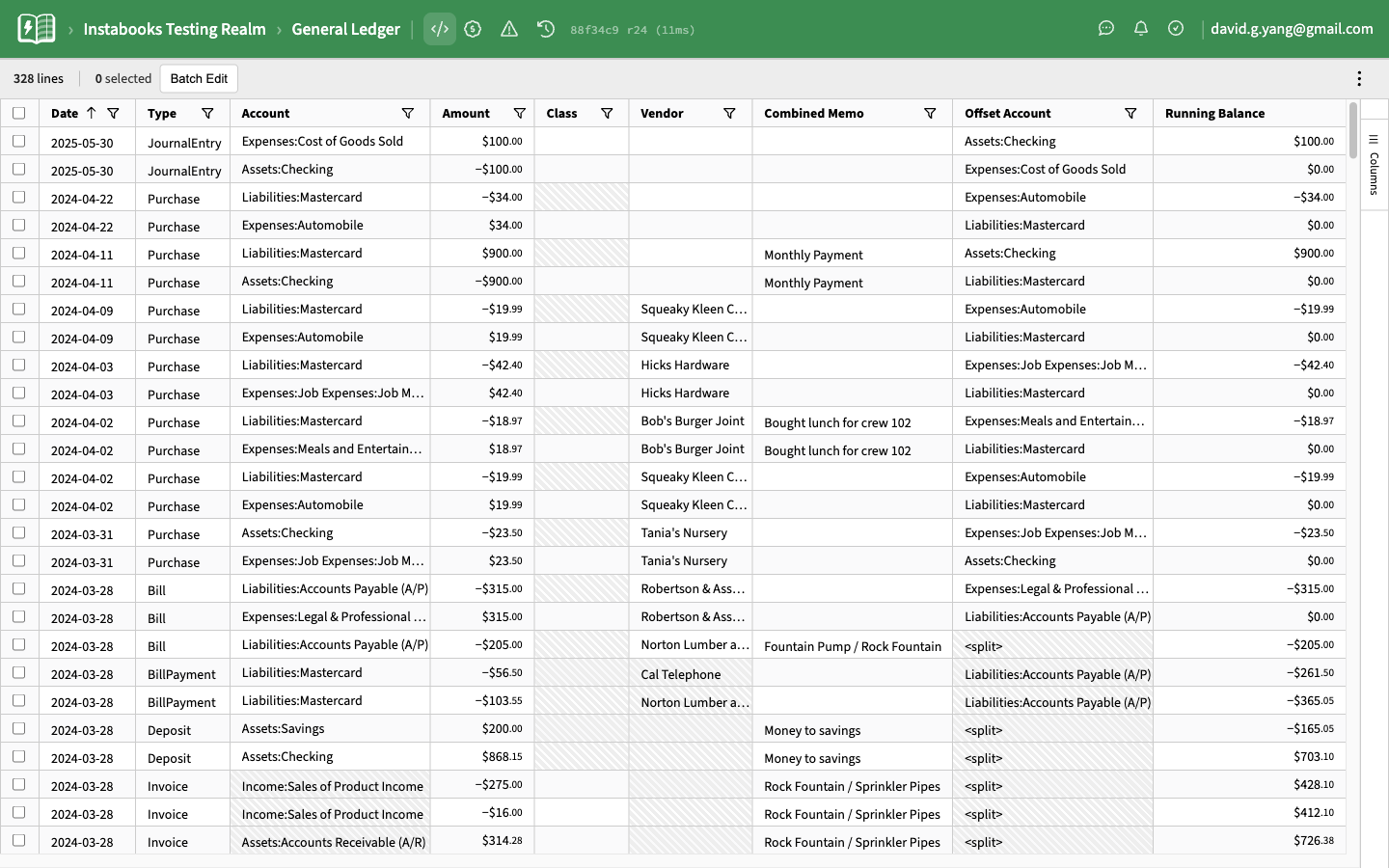General Ledger view showing transactions from many accounts in one filterable table with running totals