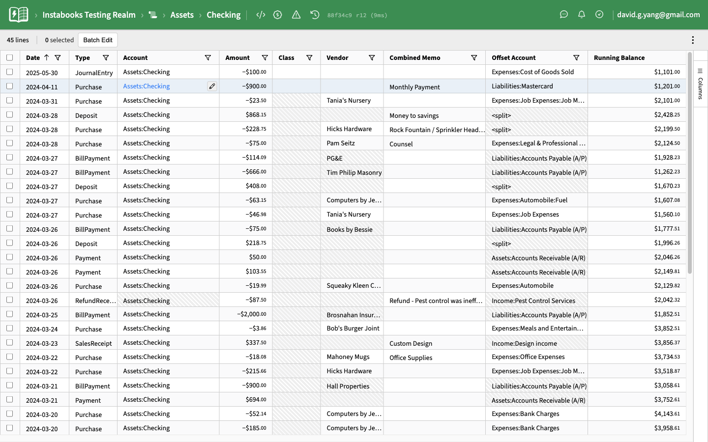 Account ledger view for a checking account showing every line touching the account, with running balance and the offsetting account on each row