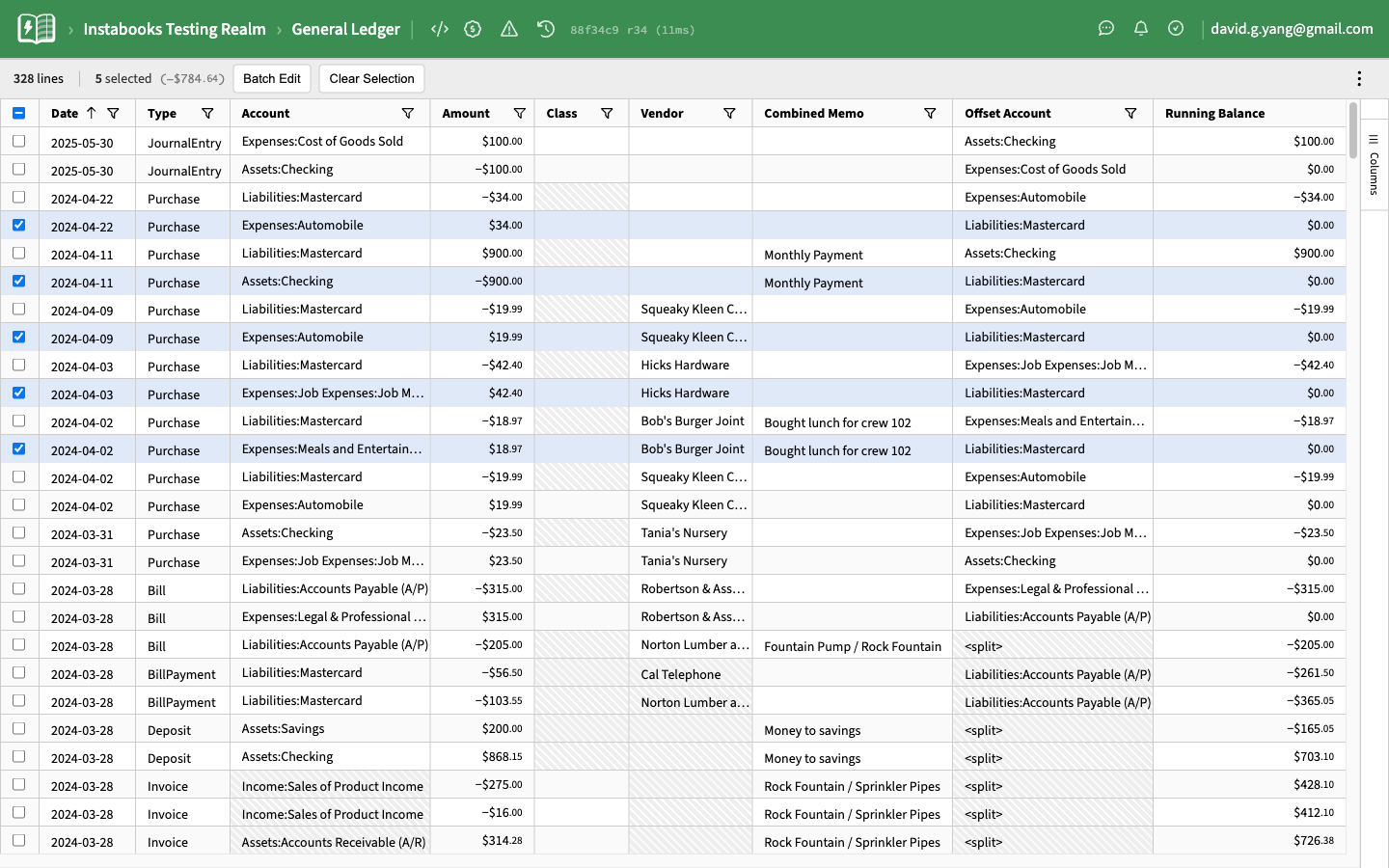 General ledger view with several rows selected via checkboxes and a Batch Edit button showing selection count