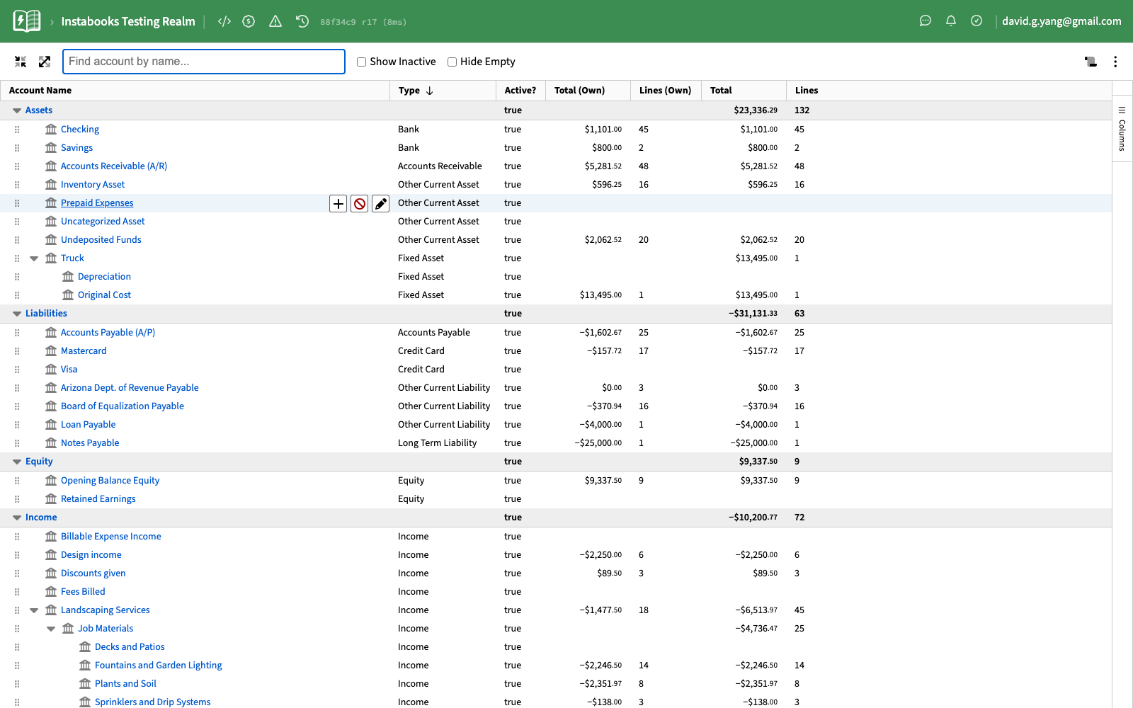 Chart of accounts view with hierarchical assets, liabilities, equity, and income categories