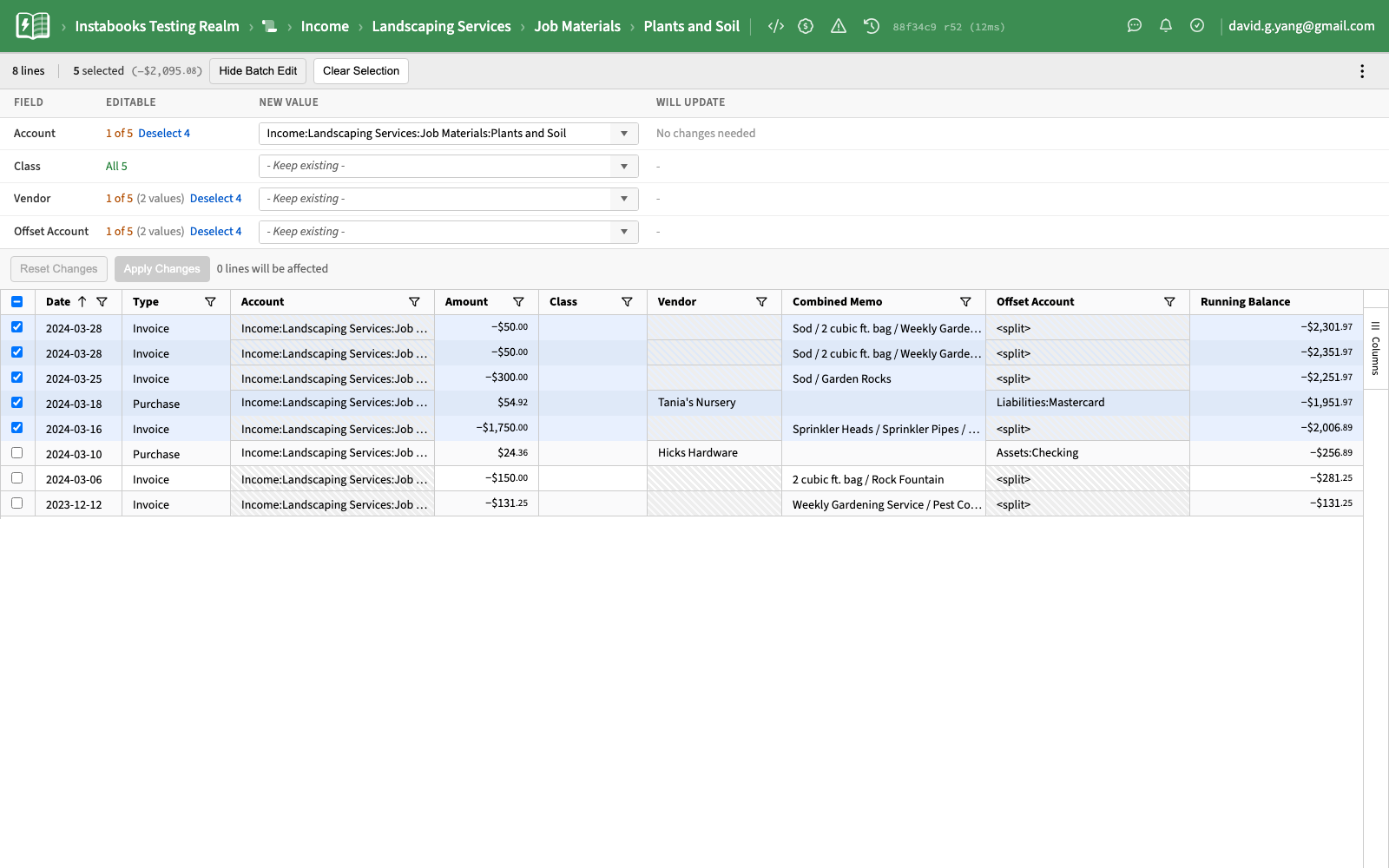Batch Edit panel showing editable property rows for the selected lines