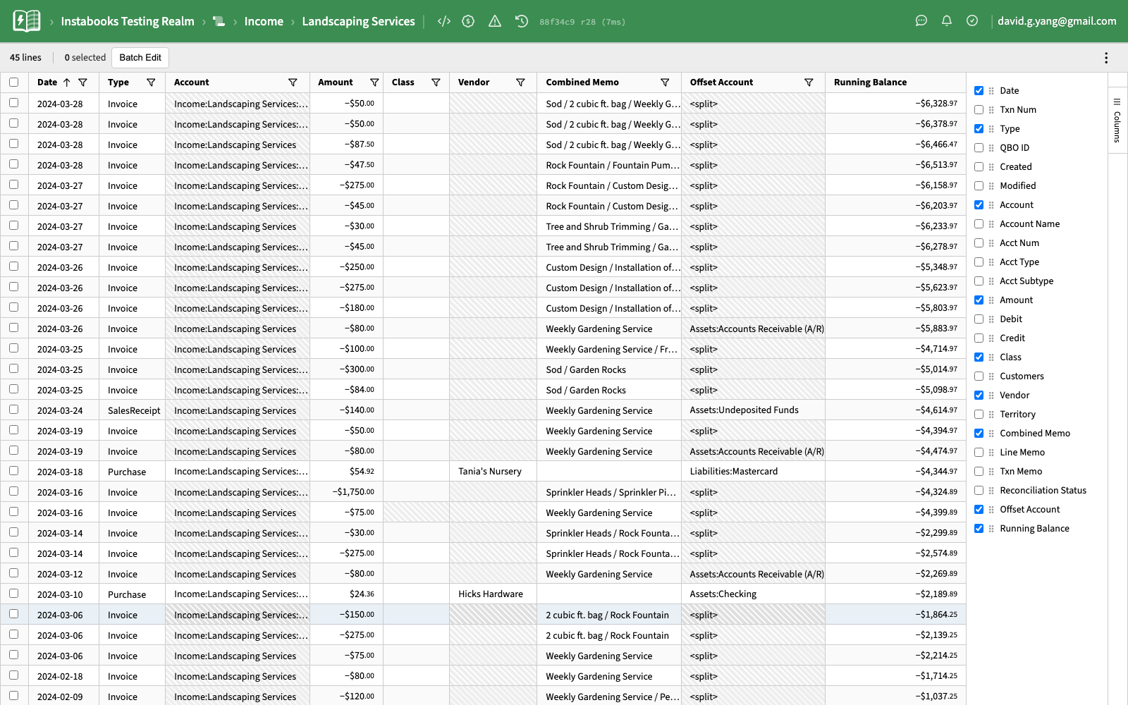 Columns panel open on the right showing toggle list of all available columns