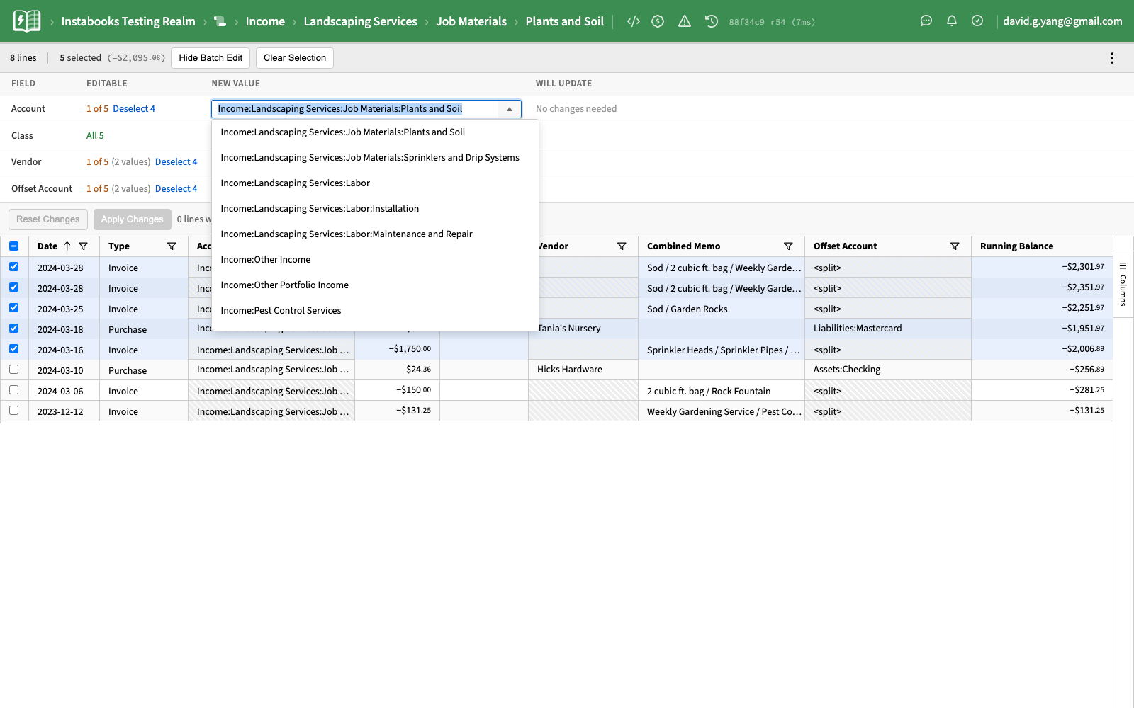 Account dropdown open inside the batch editor showing autocomplete account suggestions