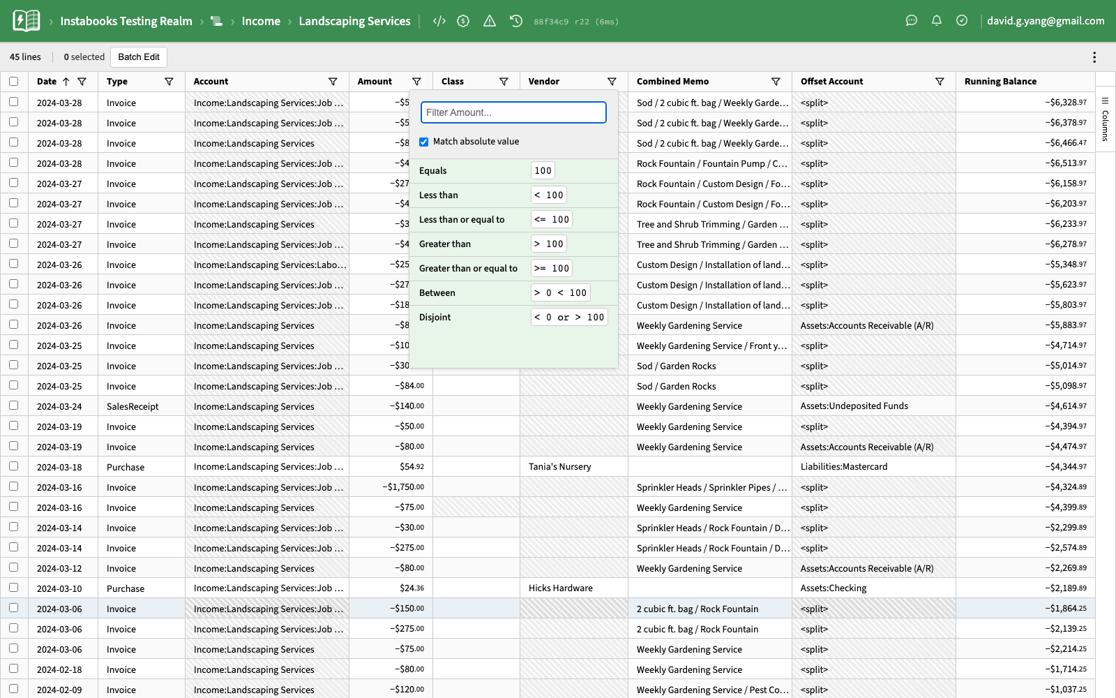Column filter popover opened over the Amount column with comparison operators