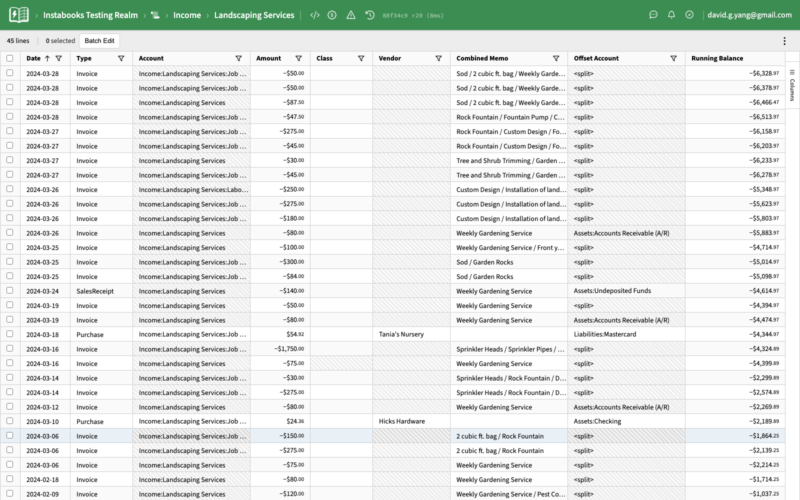 Ledger view showing the lines of all transactions for a single account