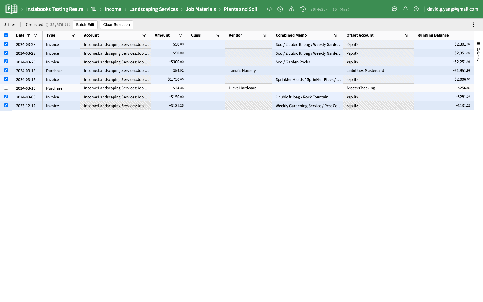 Several rows selected with their checkboxes highlighted and a Batch Edit button visible